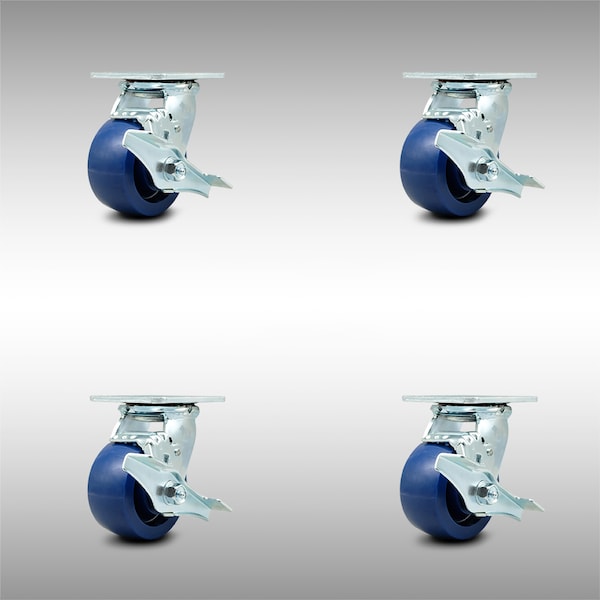 4 Inch SS Solid Poly Swivel Caster Set with Ball Bearings and Brakes SCC